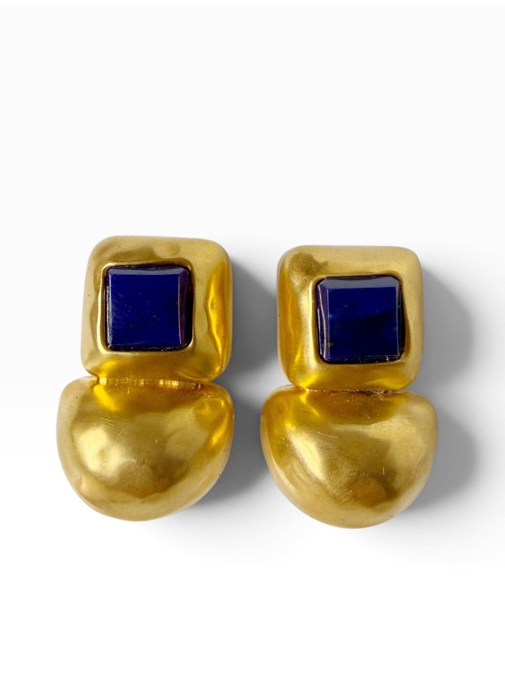 Vintage Etruscan Runway Matte Golden Simulated Lapis Blue Glass Clip On Earrings
